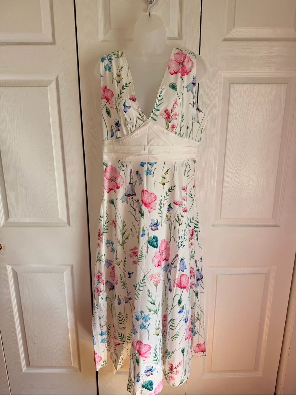 White Floral V-Neck Midi Dress with Pink & Blue Flowers